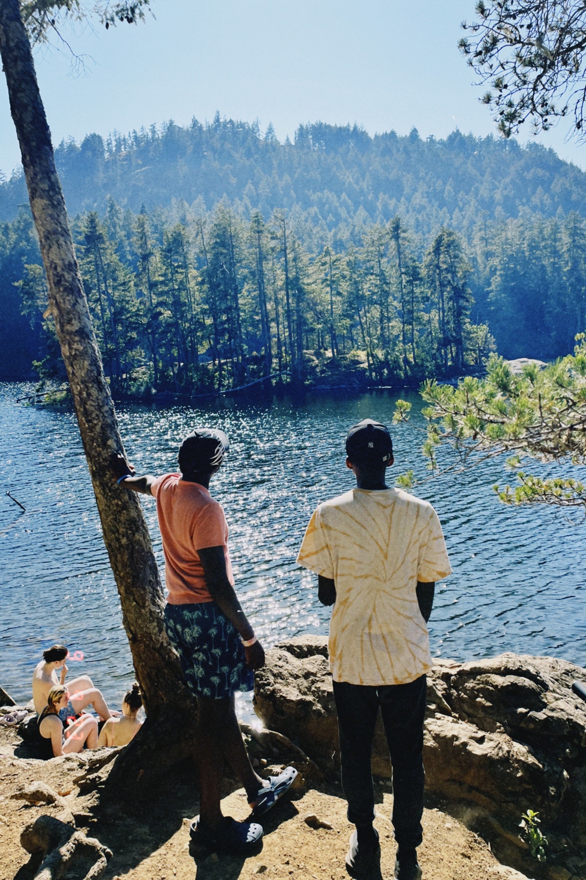 Two friends looking over a forest lake